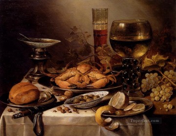 Bodegón de banquete con un cangrejo en bandeja de plata Pieter Claesz Pinturas al óleo
